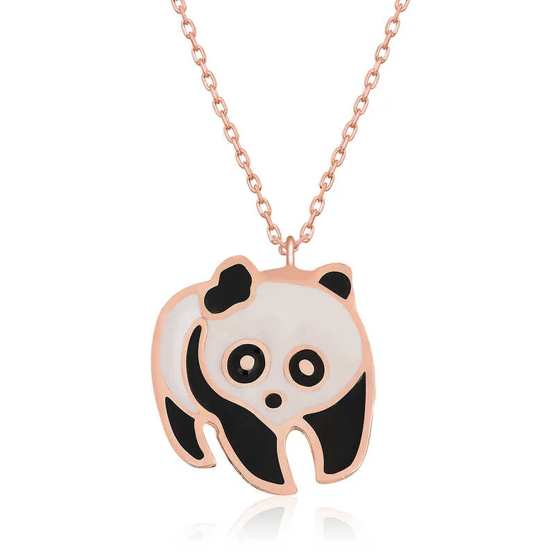 Rose Gold Plated Sterling Silver Panda Necklace for Women with Cold Enamel Details