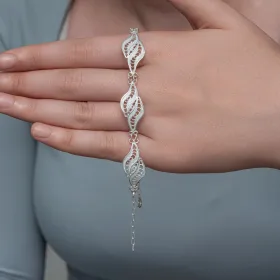 925 Sterling Silver Double Leaf Filigree Bracelet for Women | Handmade Botanical Adjustable Chain Jewelry thumbnail