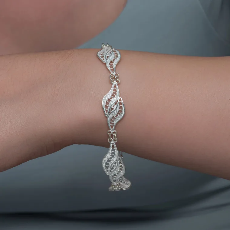 925 Sterling Silver Double Leaf Filigree Bracelet for Women alternate view