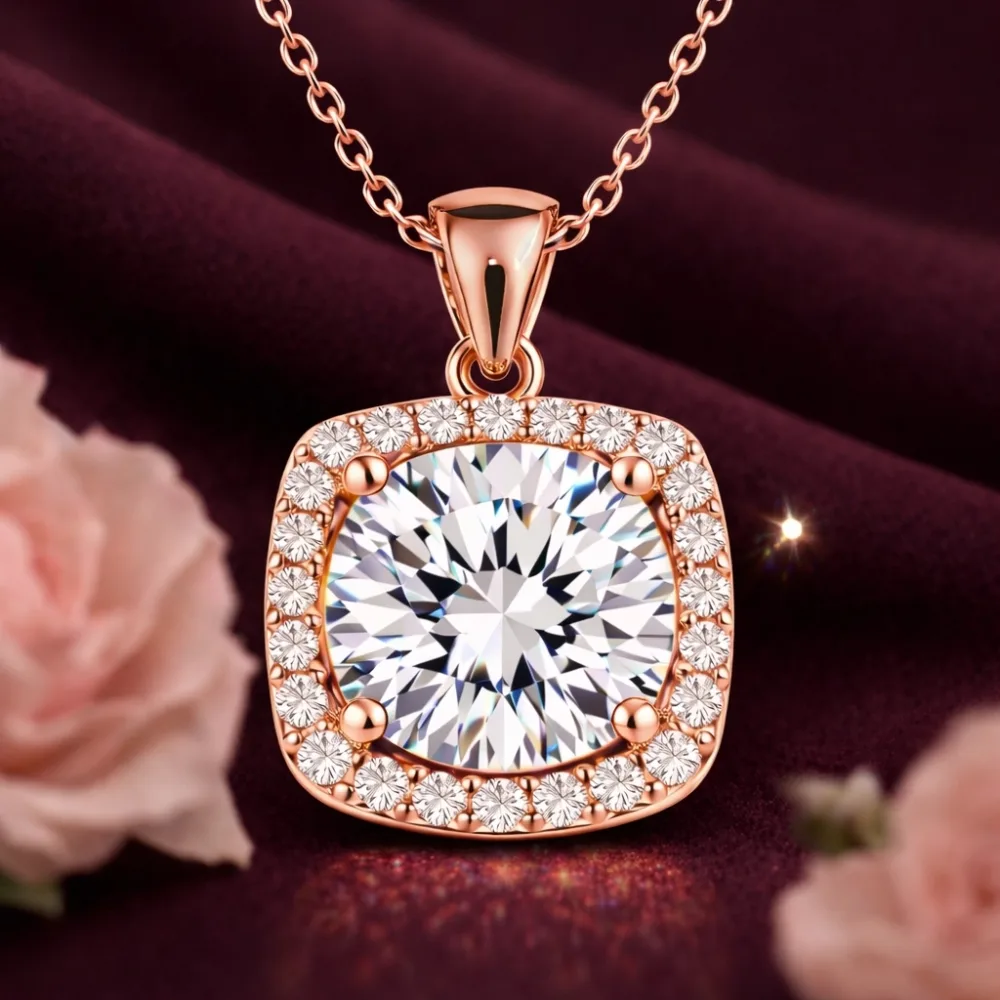 925 Sterling Silver Rose Gold Solitaire Square Zircon Necklace for Women | Sterling Silver Pendant Necklace - image 2