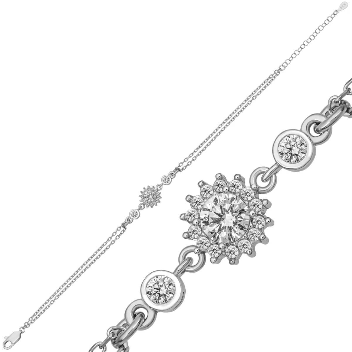 Sterling Silver Round Zircon Stone Bracelet for Women | Elegant Halo Tennis Bracelet