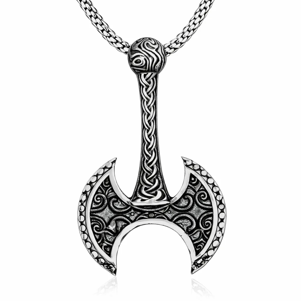 Oxidized Sterling Silver Viking Axe Pendant Necklace for Men | Medieval Warrior Inspired Jewelry
