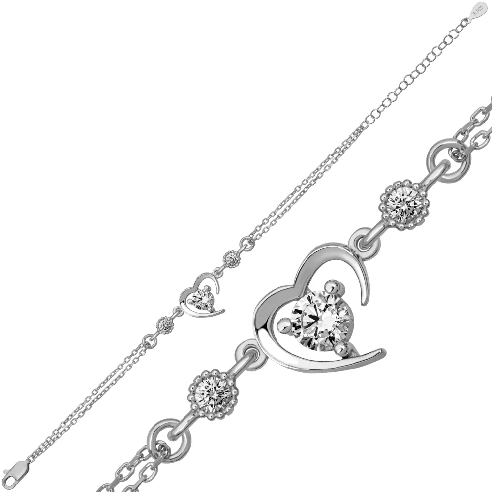 Sterling Silver Open Heart Bracelet with Solitaire Zircon for Women | Elegant Romantic Chain Jewelry