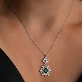 Sterling Silver Emerald Green Zircon Halo Necklace for Women | Elegant Statement Pendant Jewelry - image 2 thumbnail