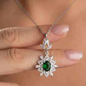 Sterling Silver Emerald Green Zircon Halo Necklace for Women | Elegant Statement Pendant Jewelry - image 3 thumbnail