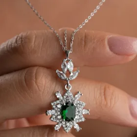 Sterling Silver Emerald Green Zircon Halo Necklace for Women | Elegant Statement Pendant Jewelry - image 4 thumbnail