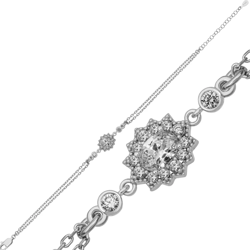925 Sterling Silver Floral Zircon Bracelet for Women | Flower Motif Rhodium Plated Elegant Jewelry