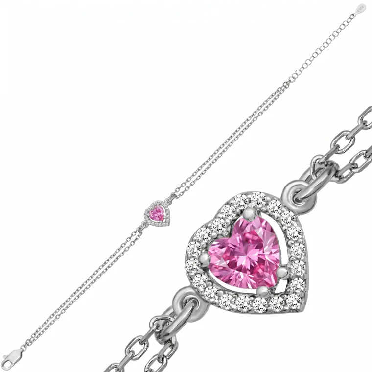 Sterling Silver Pink Zircon Heart Bracelet for Women