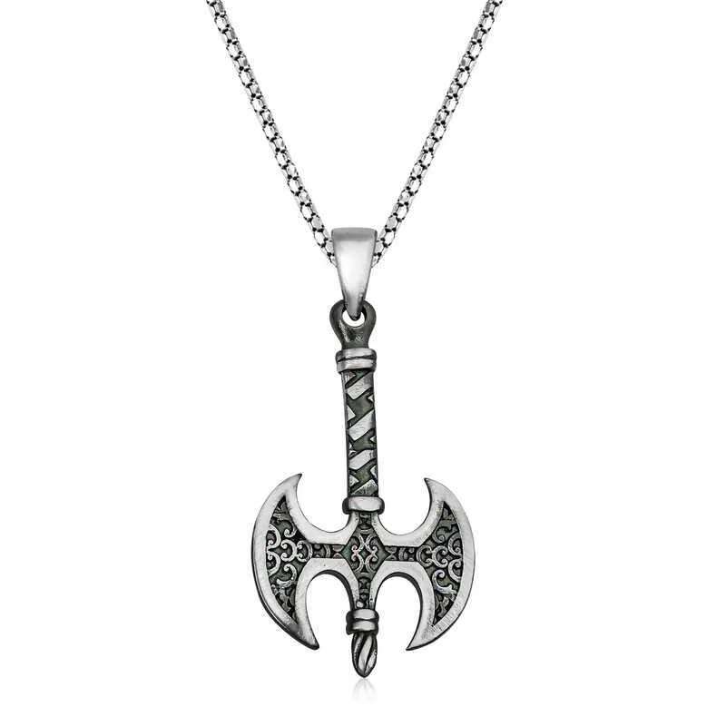 Oxidized Sterling Silver Viking Axe Pendant Necklace for Men | Medieval Warrior Inspired Jewelry - image 2