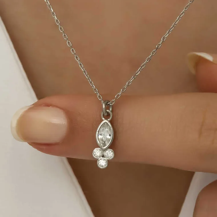 Rhodium Plated Sterling Silver Dew Drop Marquise Zircon Solitaire Necklace for Women alternate view