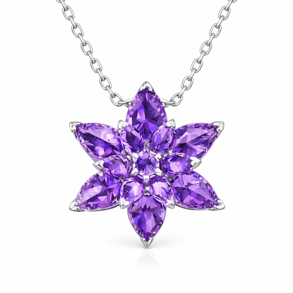 Rhodium Plated Sterling Silver Purple Lotus Flower Necklace for Women | Spiritual Floral Pendant Jewelry