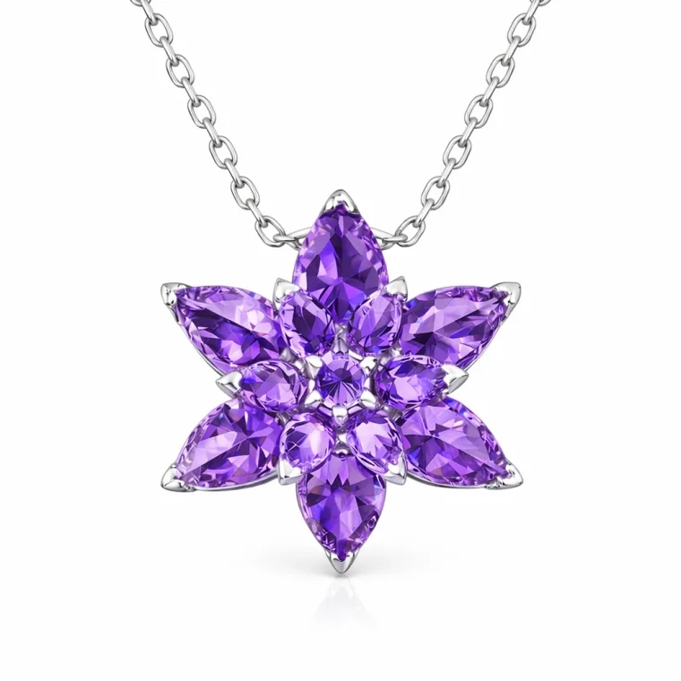Rhodium Plated Sterling Silver Purple Lotus Flower Necklace for Women