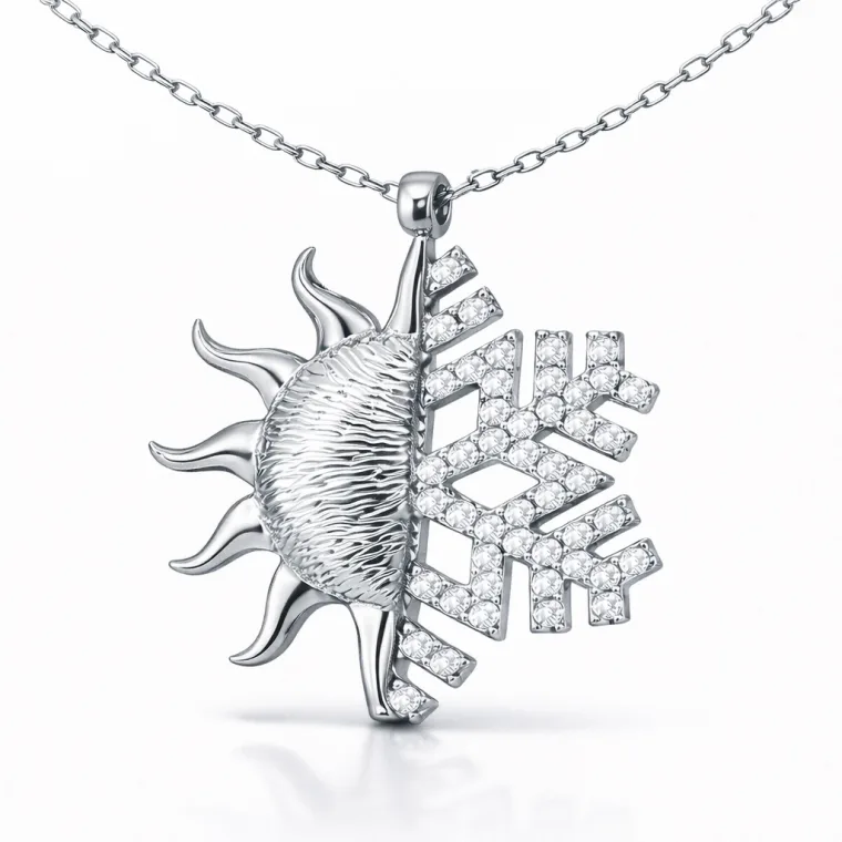 Rhodium Plated Sterling Silver Sun Snowflake Necklace for Women with Zircon Stones – Celestial Pendant Jewelry