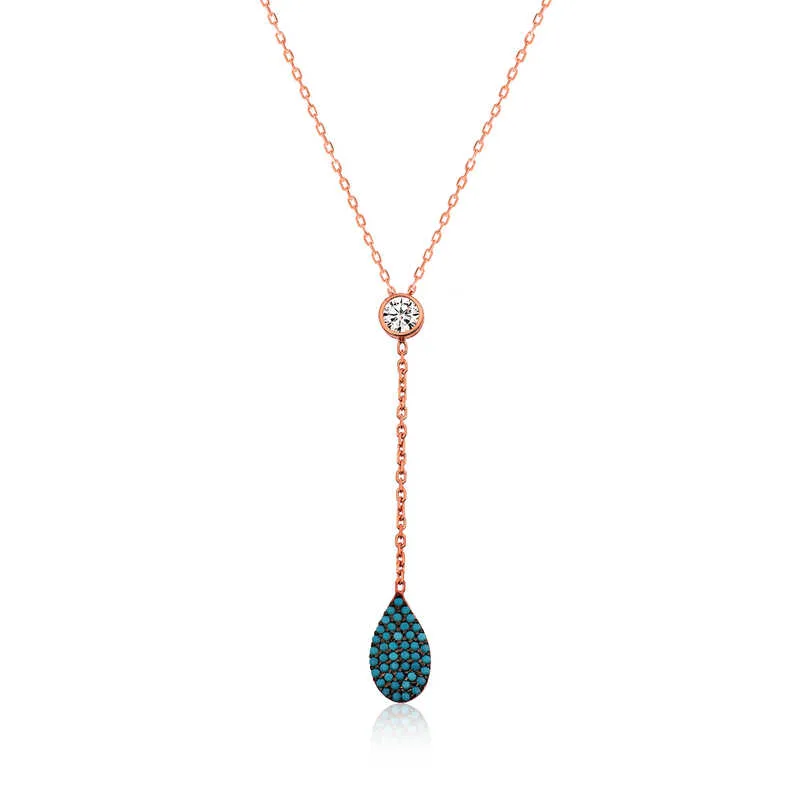 Sterling Silver Rose Plated Love Drop Necklace for Women | Turquoise Zircon Pendant Necklace
