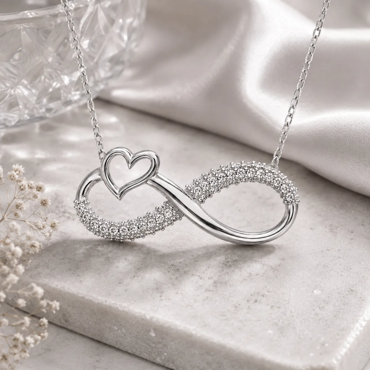 Rhodium Plated Sterling Silver Heart Infinity Necklace for Women | Zircon Love Pendant Jewelry