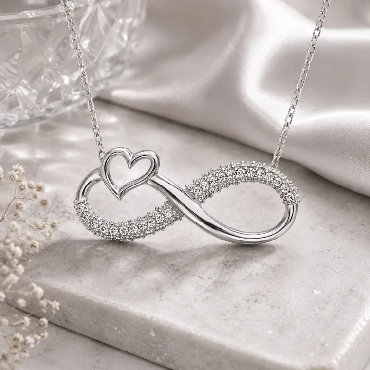 Rhodium Plated Sterling Silver Heart Infinity Necklace for Women