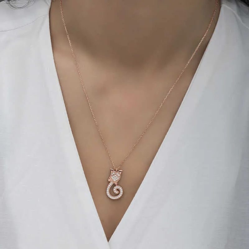 Rose Gold Plated Sterling Silver Cat Pendant Necklace for Women – Zircon Stone Cute Animal Jewelry - image 2
