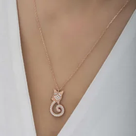 Rose Gold Plated Sterling Silver Cat Pendant Necklace for Women – Zircon Stone Cute Animal Jewelry - image 3 thumbnail