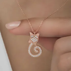 Rose Gold Plated Sterling Silver Cat Pendant Necklace for Women – Zircon Stone Cute Animal Jewelry - image 4 thumbnail