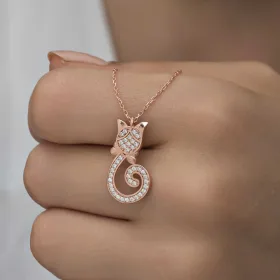 Rose Gold Plated Sterling Silver Cat Pendant Necklace for Women – Zircon Stone Cute Animal Jewelry - image 5 thumbnail