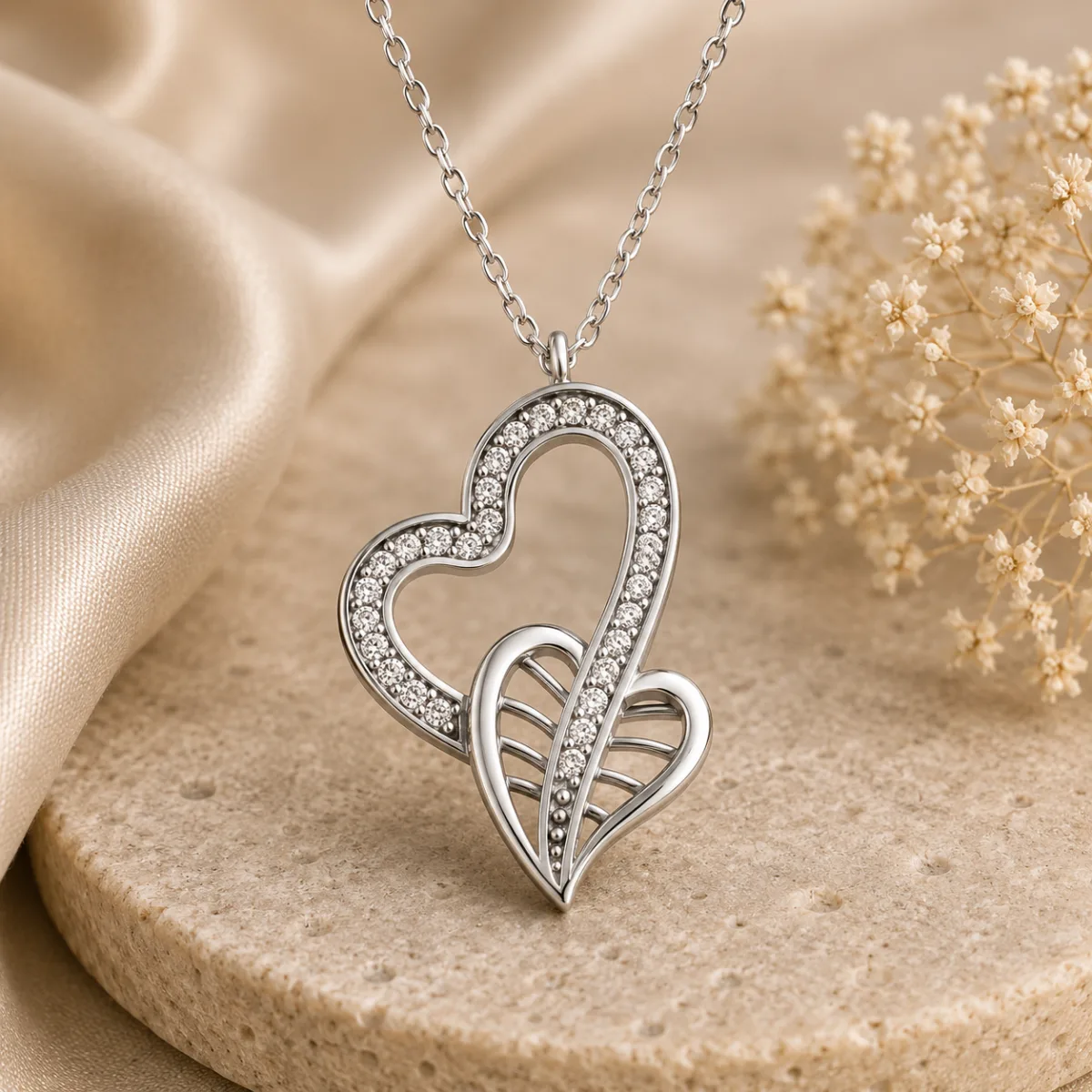Rhodium Plated Sterling Silver Interlocked Hearts Necklace for Women | Zircon Stone Romantic Pendant
