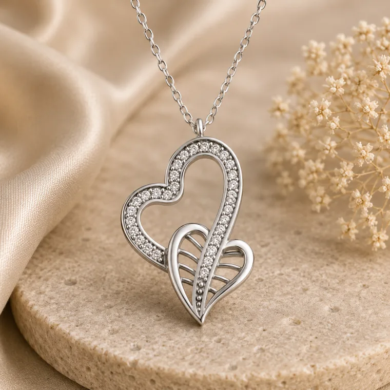 Rhodium Plated Sterling Silver Interlocked Hearts Necklace for Women