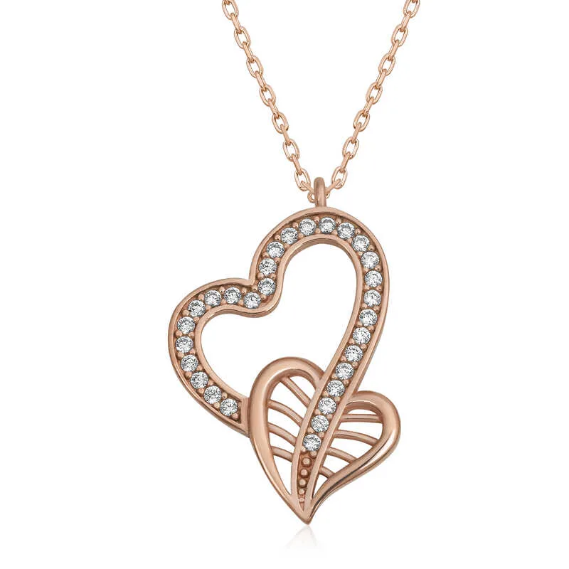 Rose Plated Sterling Silver Joined Hearts Necklace for Women | Zircon Stone Romantic Pendant Necklace