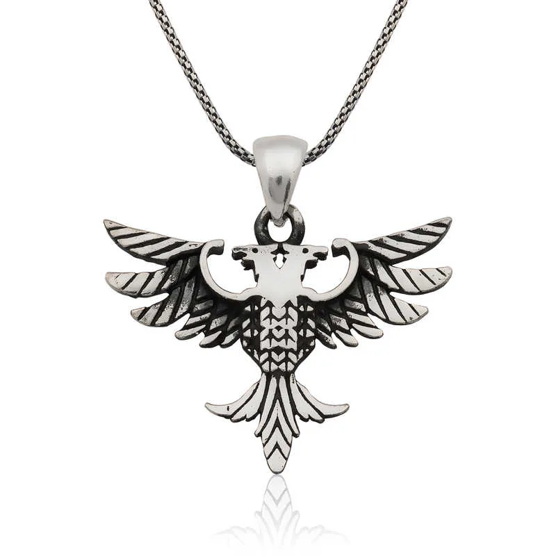 Sterling Silver Double Headed Eagle Pendant Necklace for Men – Antique Oxidized Statement Jewelry