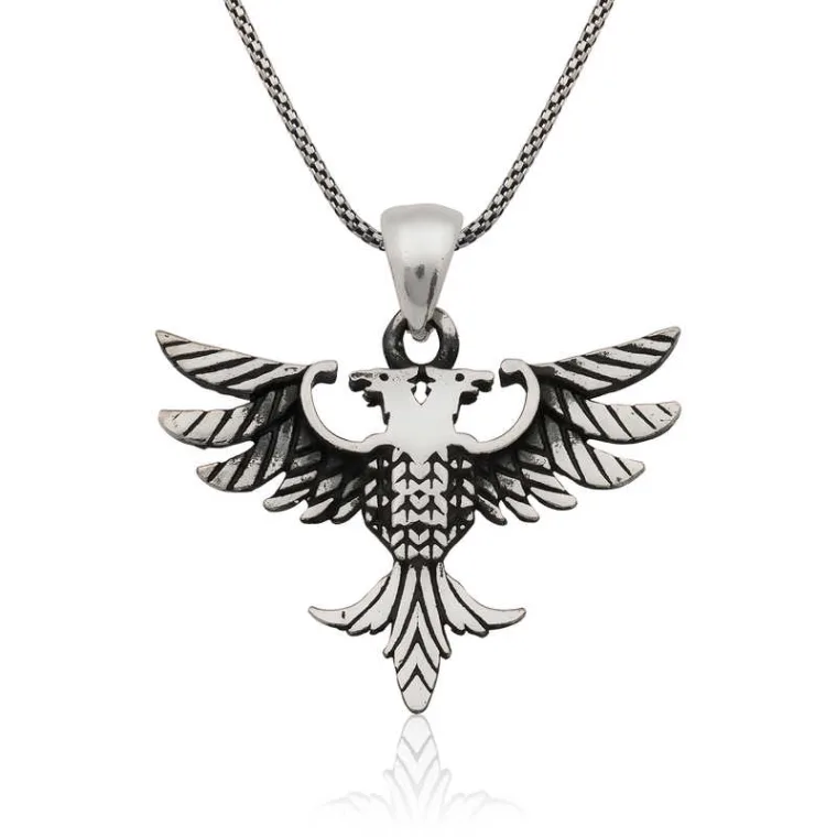 Sterling Silver Double Headed Eagle Pendant Necklace for Men – Antique Oxidized Statement Jewelry