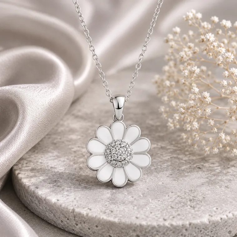 Rhodium Plated Sterling Silver Daisy Necklace for Women