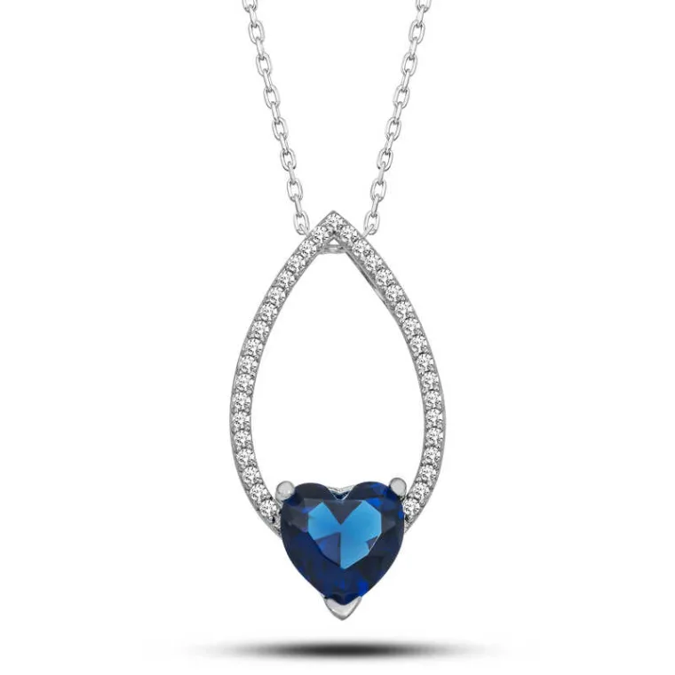 Sterling Silver Heart Blue Stone Teardrop Pendant Necklace for Women alternate view