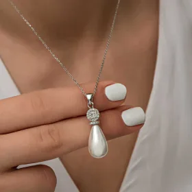 Rhodium Plated 925 Sterling Silver Cultured Pearl Teardrop Necklace for Women – Elegant Pearl Pendant Jewelry - image 4 thumbnail