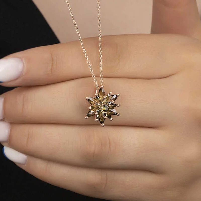 Rose Plated Sterling Silver Olive Green Four Layer Lotus Flower Necklace for Women | Multilayer Lotus Pendant Necklace - image 2
