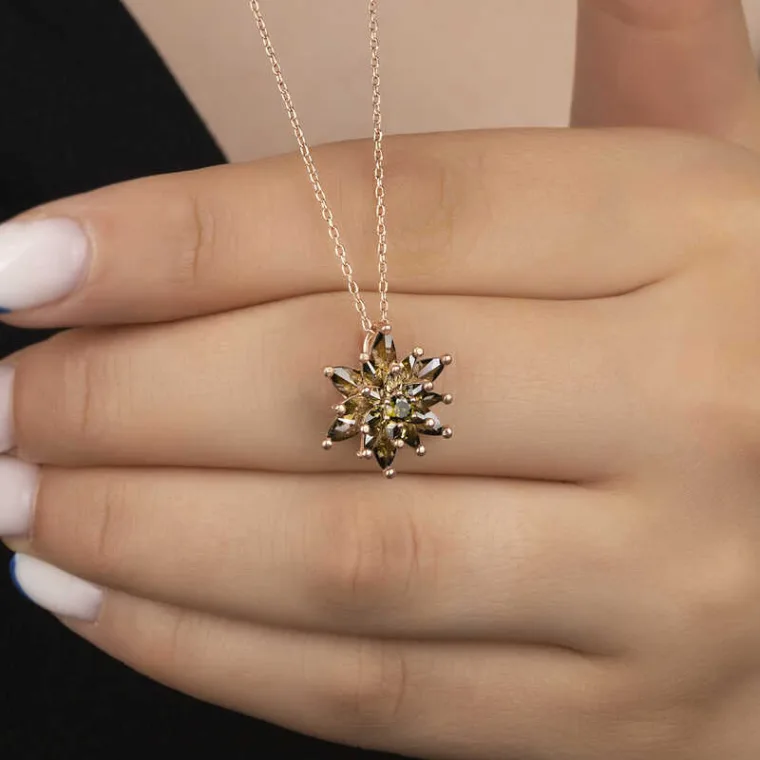 Rose Plated Sterling Silver Olive Green Four Layer Lotus Flower Necklace for Women alternate view