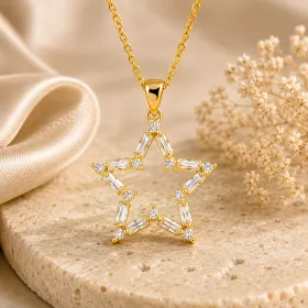 Gold Plated Sterling Silver Baguette Star Necklace for Women | Zircon Stone Pendant thumbnail