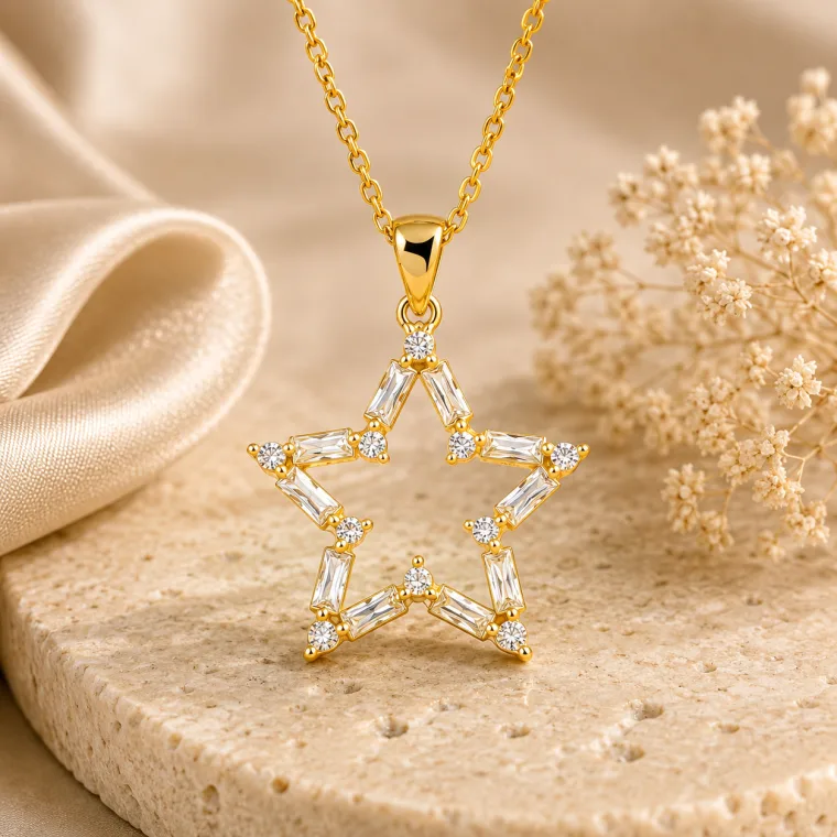 Gold Plated Sterling Silver Baguette Star Necklace for Women