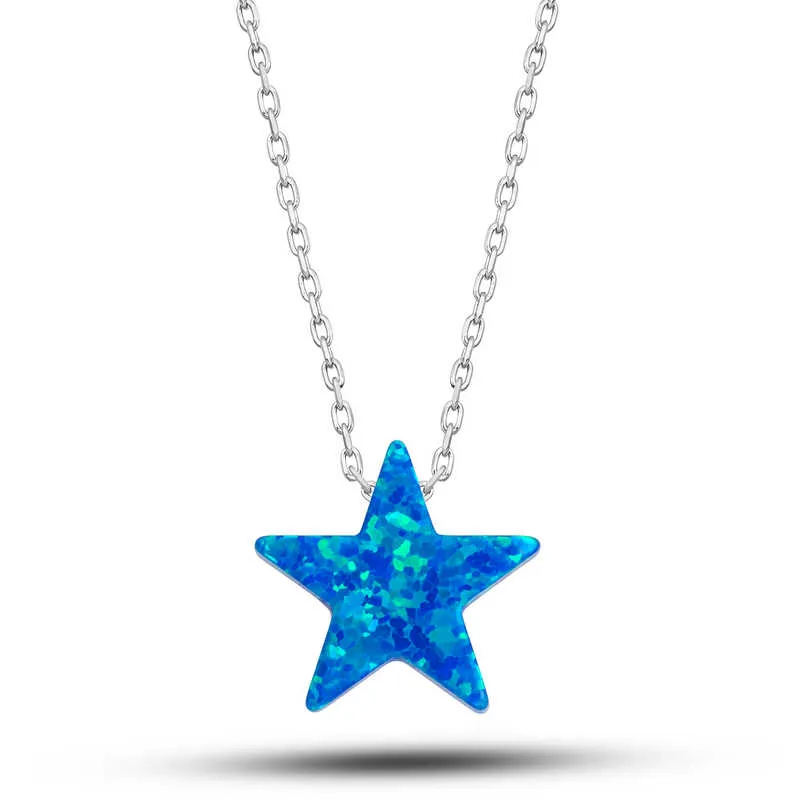 Rhodium Plated Sterling Silver Opal Blue Star Pendant Necklace for Women – Celestial Luck and Venus Energy Jewelry