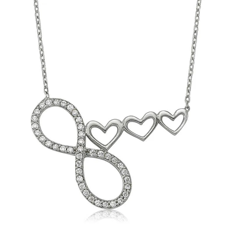 Sterling Silver Infinity Necklace with Three Hearts for Women | Zircon Stone Rhodium Plated Romantic Pendant