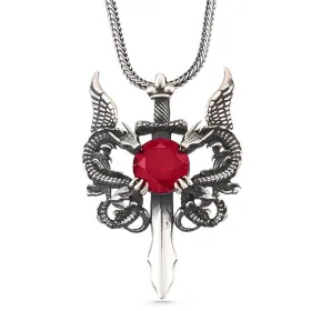 Oxidized Sterling Silver Dragon Sword Pendant Necklace for Men with Red Stone – Asian Mythology Inspired Statement Jewelry thumbnail