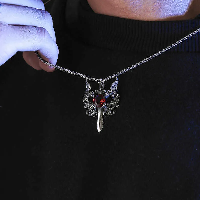 Oxidized Sterling Silver Dragon Sword Pendant Necklace for Men with Red Stone – Asian Mythology Inspired Statement Jewelry - image 2