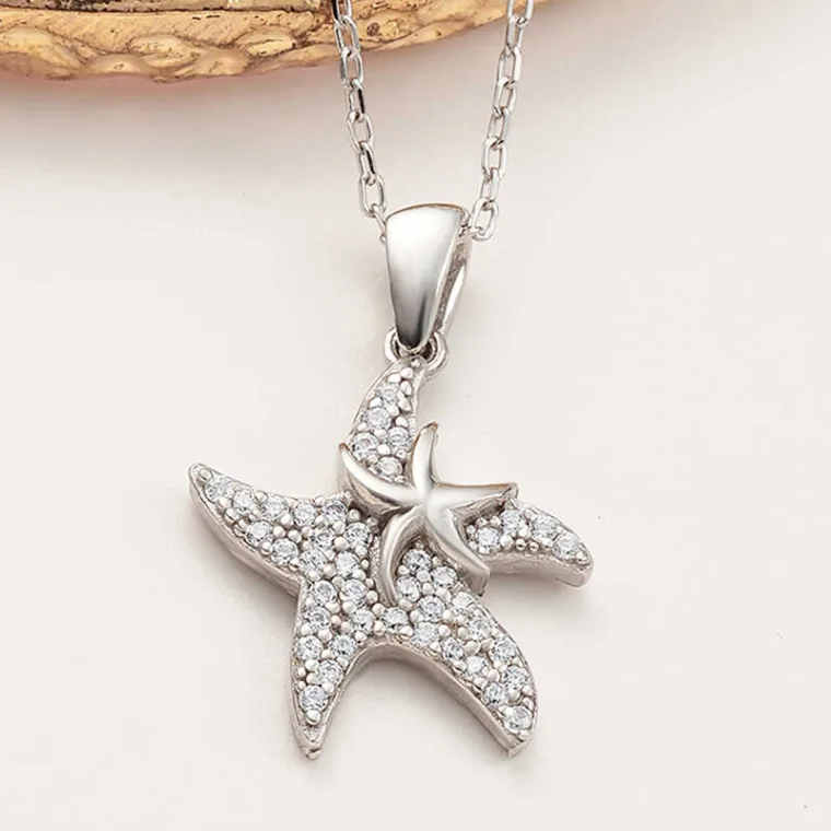 Rhodium Plated Sterling Silver Starfish Necklace for Women