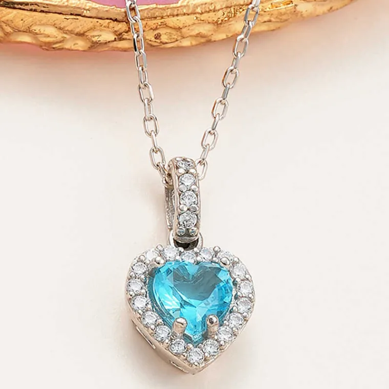 Rhodium Plated Sterling Silver Turquoise Stone Heart Necklace for Women – Zircon Accent Romantic Pendant Jewelry