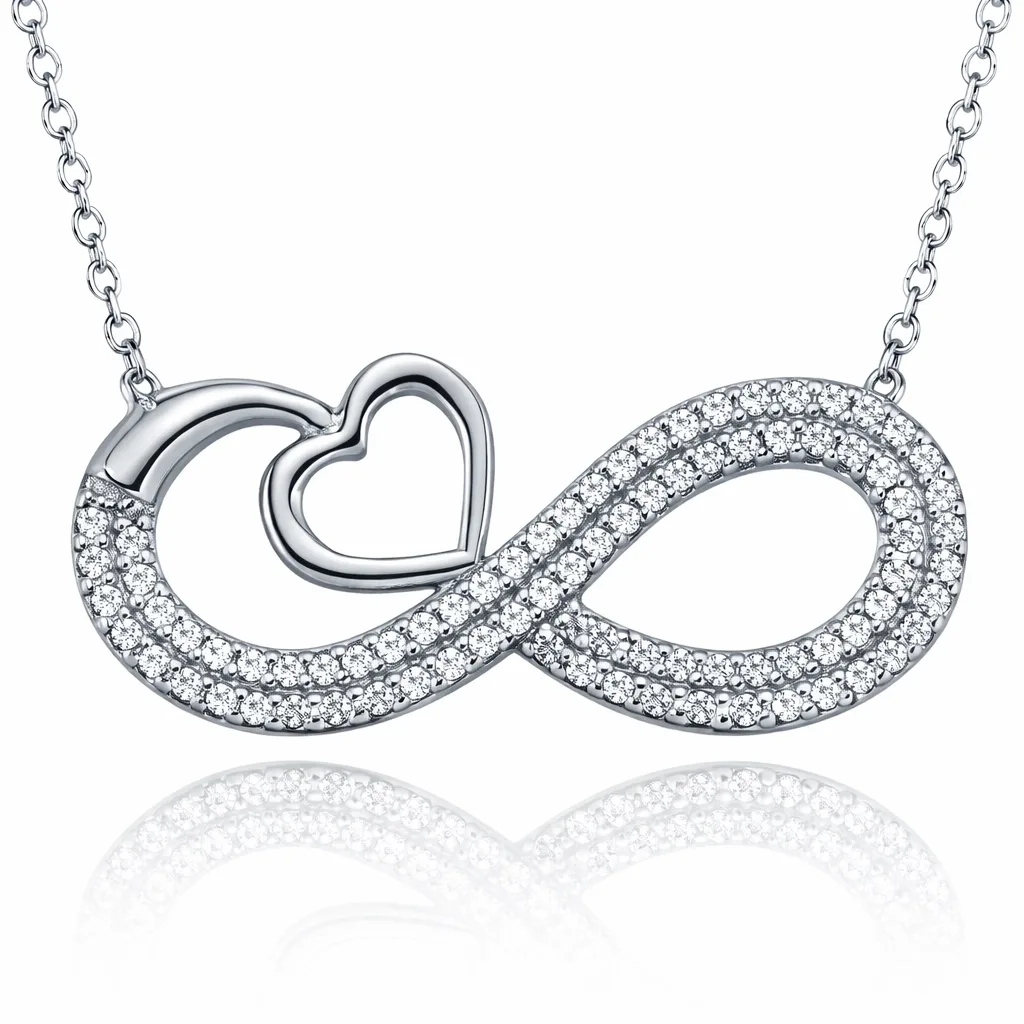Sterling Silver Heart Infinity Necklace for Women | Zircon Stone Rhodium Plated Romantic Pendant Necklace