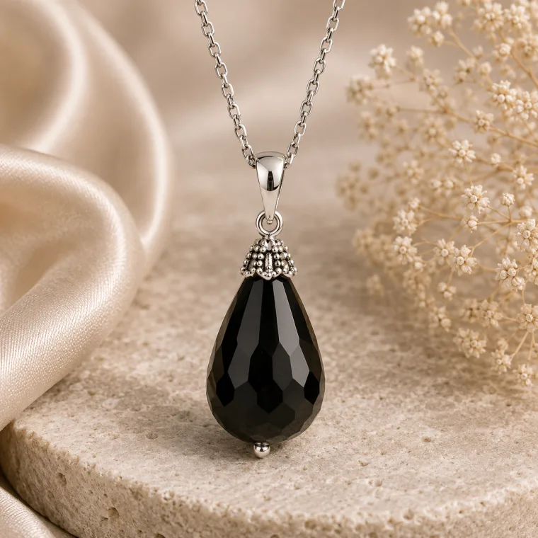 Sterling Silver Faceted Black Onyx Natural Stone Pendant Necklace for Women