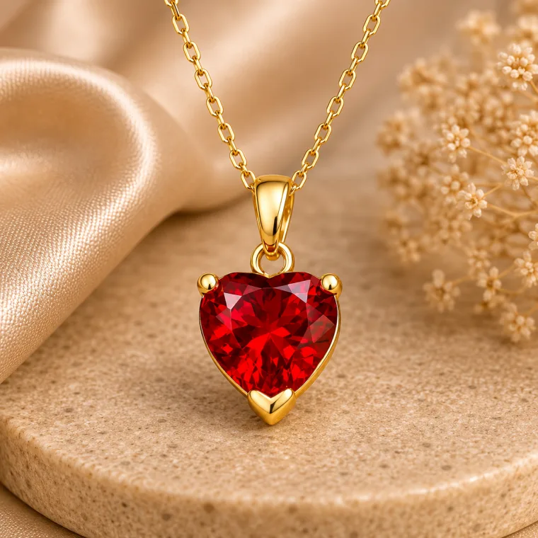 Gold Plated Sterling Silver Red Zircon Stone Heart Necklace for Women