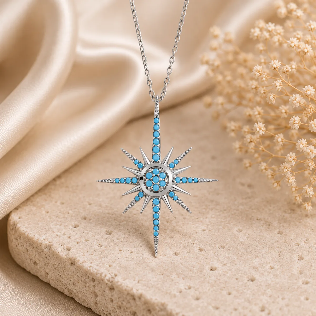 Rhodium Plated Sterling Silver North Star Pendant Necklace for Women | Zircon Stone Celestial Jewelry