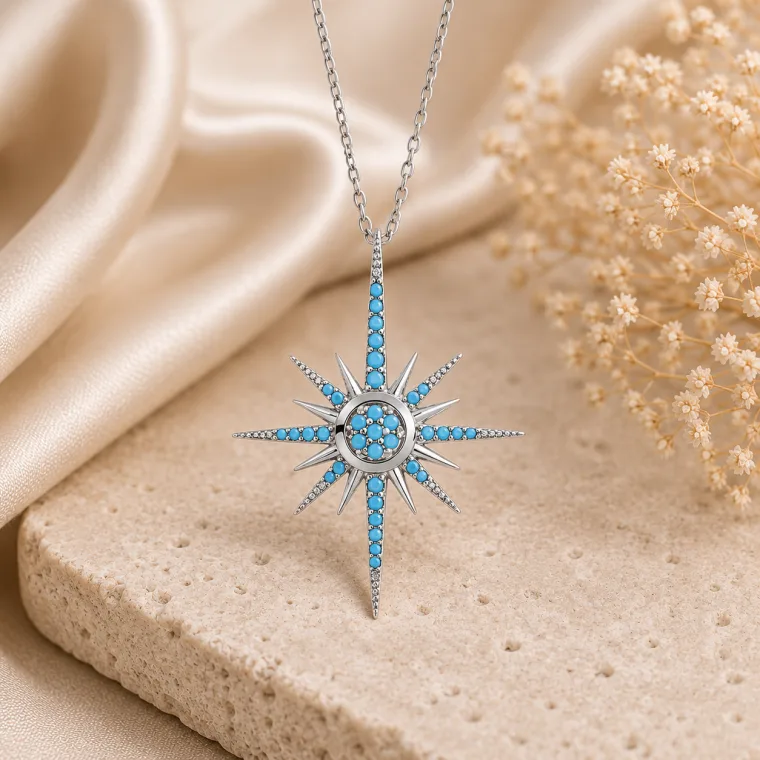 Rhodium Plated Sterling Silver North Star Pendant Necklace for Women