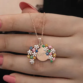 Personalized Sterling Silver Rose Gold Plated Colorful Flower Name Necklace for Women – Custom Zircon Floral Pendant - image 2 thumbnail