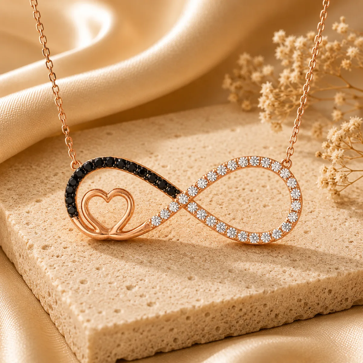 Rose Plated Sterling Silver Heart Infinity Necklace for Women with Zircon and Turquoise Stones