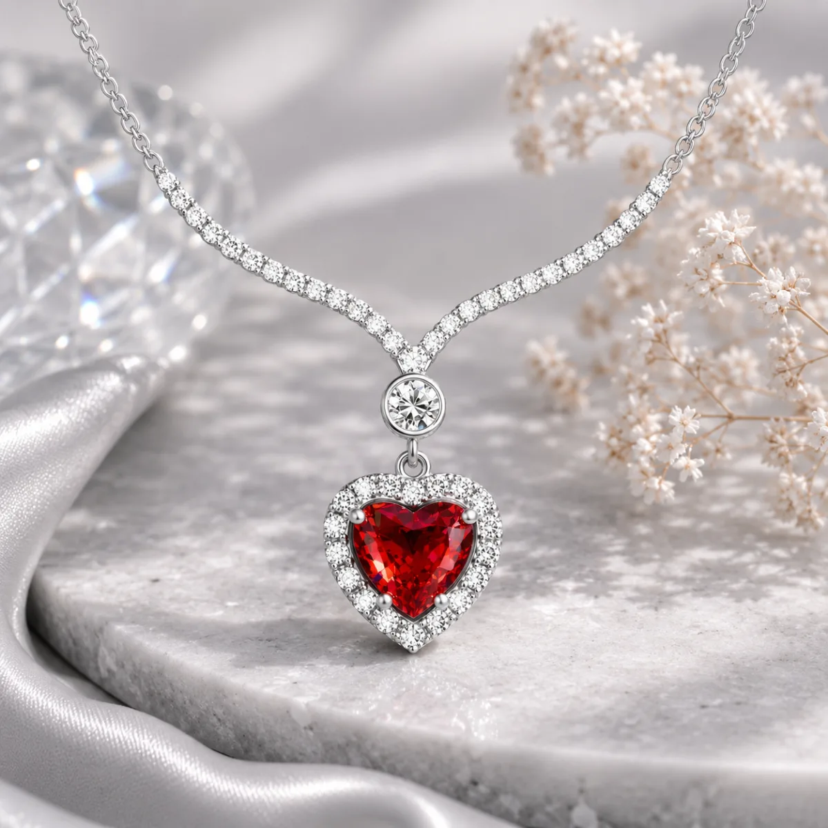 Rhodium Plated Sterling Silver Red Zircon Heart Necklace for Women | Romantic Love Pendant Jewelry